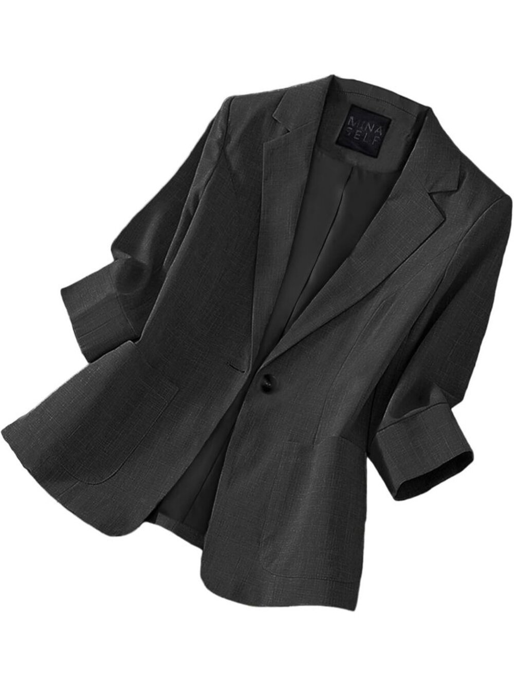 Women's Black Cowl Neck 3/4 Sleeve Button Pockets Breathable Molded Linen Blazer